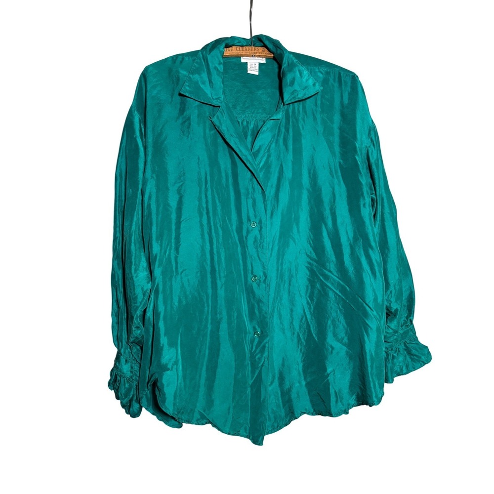 Vintage Croquet Club‎ Emerald Green 100% Silk Ruffle Cuff Blouse Womens M Whimsy